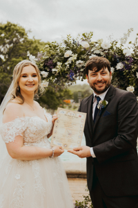 A couple with their marriage license after their ceremony with Texas Wedding Ministers A couple posing with their marriage license after their ceremony with Texas Wedding Ministers