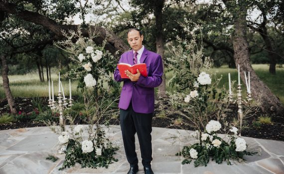 Reverend Rene Texas Wedding Minister officiating at style shoot in purple ivory suit